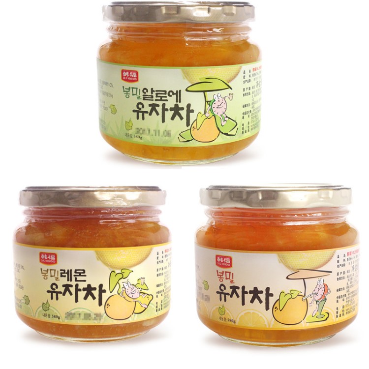 韓國 韓福10.2蜂蜜/蘆薈/檸檬柚子茶果肉飲品580g  整箱12罐