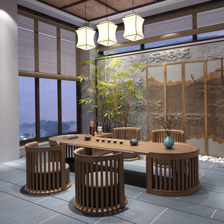 新中式禅意茶桌椅组合实木功夫茶几会所办公室茶楼仿古泡茶台家具
