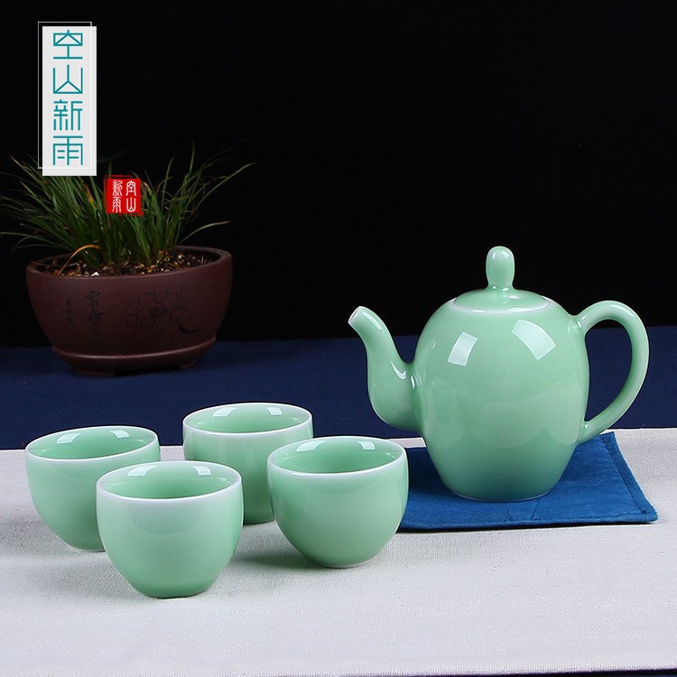 空山新雨 龍泉青瓷一壺四杯茶具套裝 陶瓷功夫茶具 禮品茶具定做