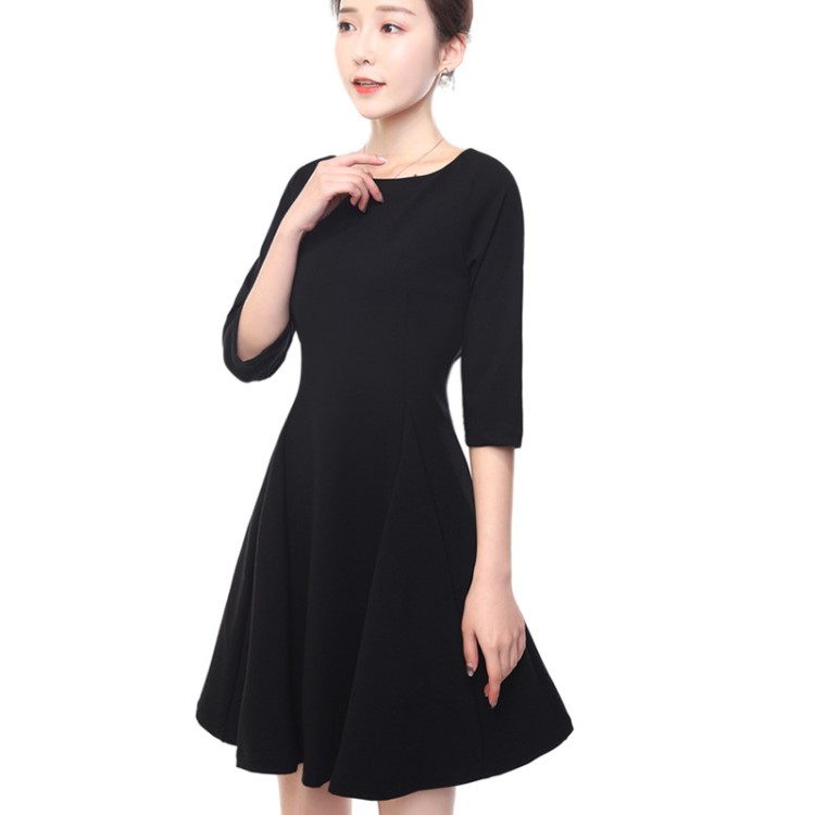 經典heben風小黑裙連衣裙2019夏性感氣質七分袖遮肉肉開叉下擺女