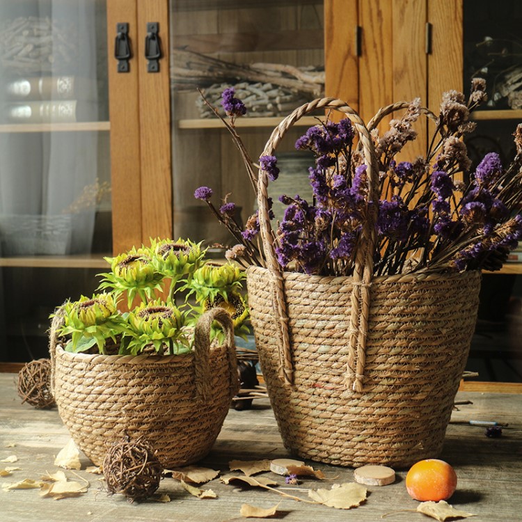 草編工藝品花園手工收納儲物籃編織花籃花器多肉綠植柳編草編花籃