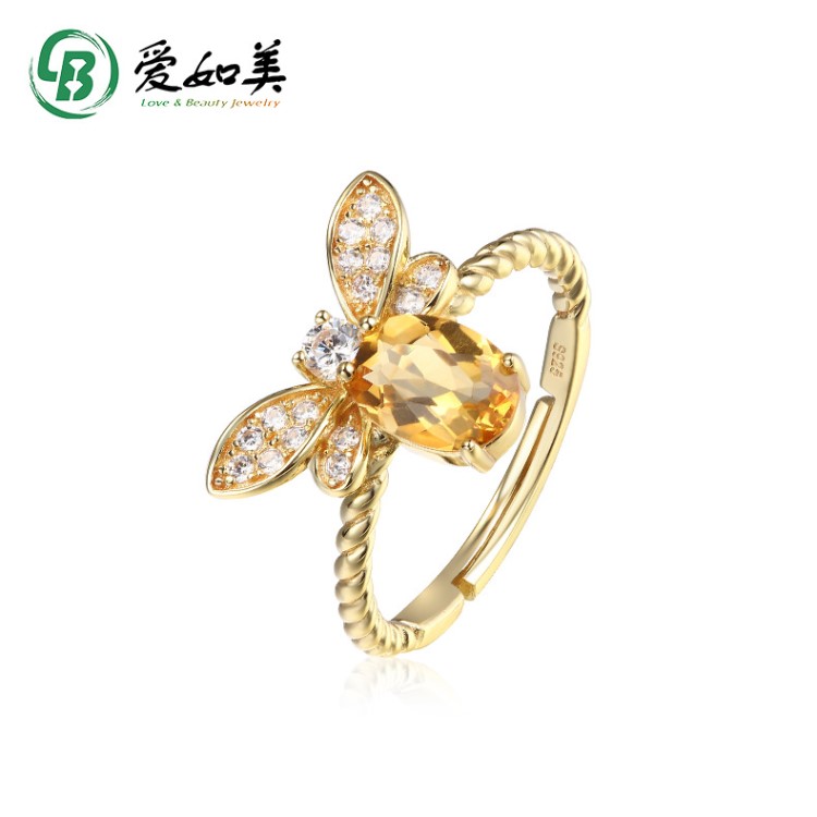 愛(ài)如美原創(chuàng)彩寶手飾批發(fā)天然粉 黃水晶活口蜜蜂銀戒指小眾設(shè)計(jì)