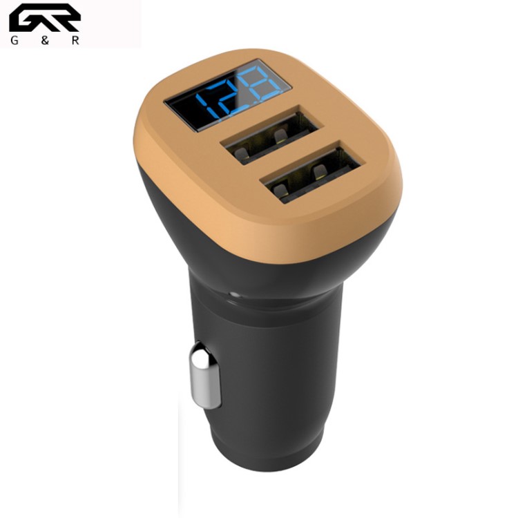 智能快充車載充電器12-24V通用汽車點煙器插頭1拖2雙USB數顯車充