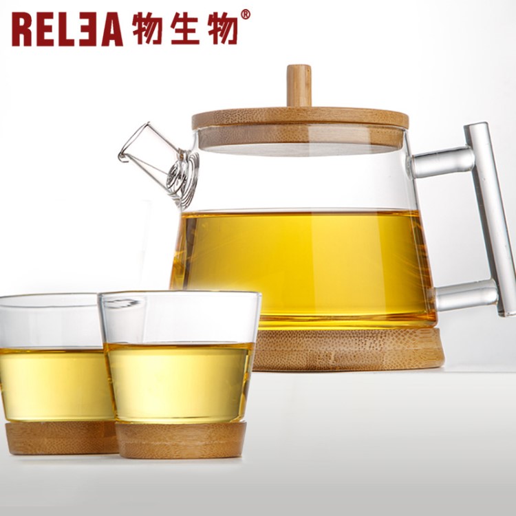 RELEA/物生物竹藝居士耐熱玻璃茶壺套裝 創(chuàng)意禮品茶具禮品批發(fā)