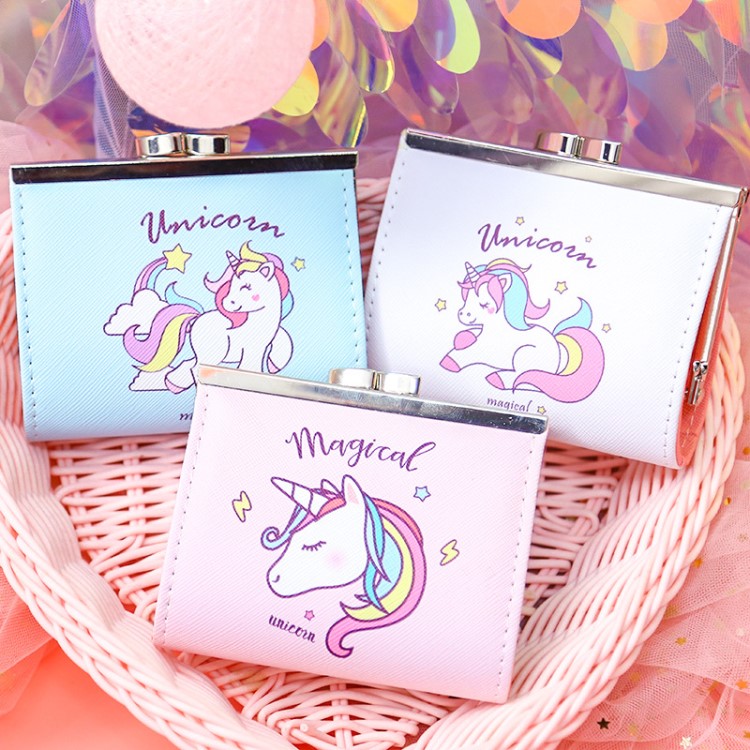 00669創意款卡通獨角獸PU仿皮零錢位卡包女短款可愛搭扣學生錢包