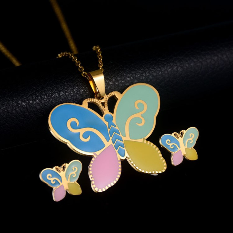 2018兒童飾品卡通套裝 鈦鋼琺瑯彩色蝴蝶可愛項鏈 速賣通爆款飾品