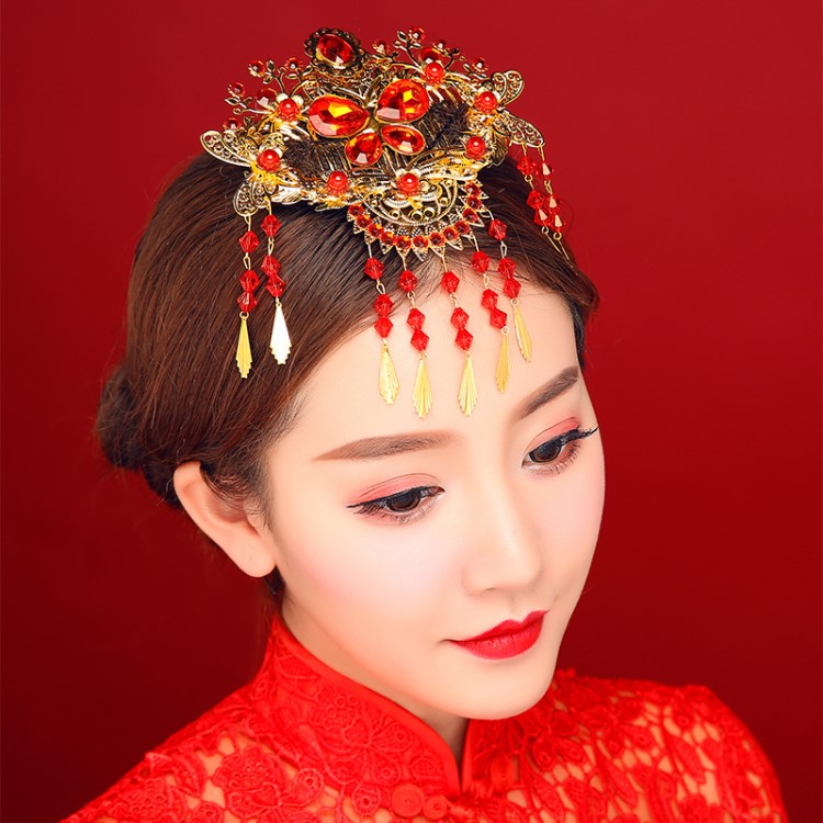 金俏曼妮2018新款新娘紅色水鉆秀禾服頭飾中式古裝發(fā)飾女復(fù)古批發(fā)