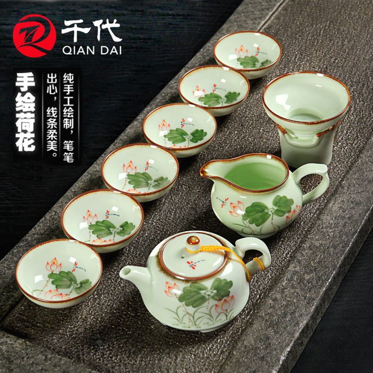 景德镇手绘茶具 青釉手绘茶具套装 精品手绘茶具 新品茶具