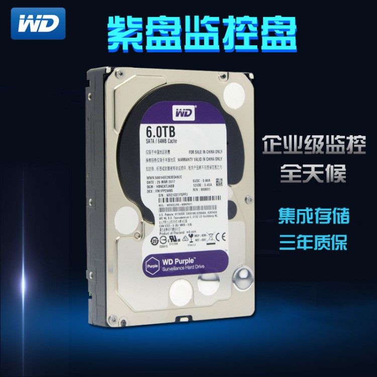 WD/西部數(shù)據(jù) WD60EJRX 6TB 紫盤 企業(yè)級監(jiān)控硬盤64M 6T監(jiān)控盤