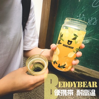 韩国杯具熊玻璃杯 高硼硅防爆创意柠檬杯 彩色透明便携家用杯