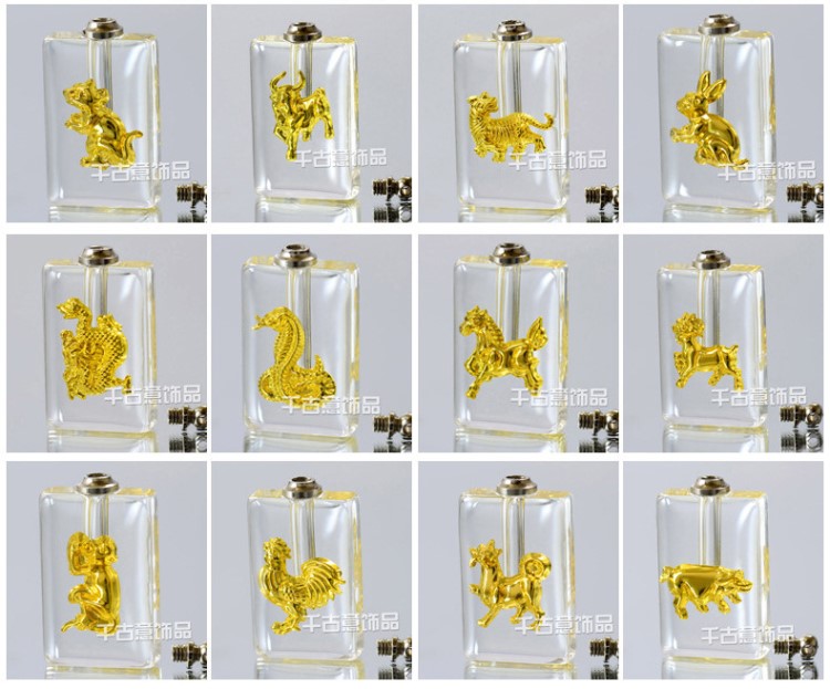 廠家直銷現貨批發鑲金米雕大長方十二生肖胎毛吊墜香水瓶米上刻字