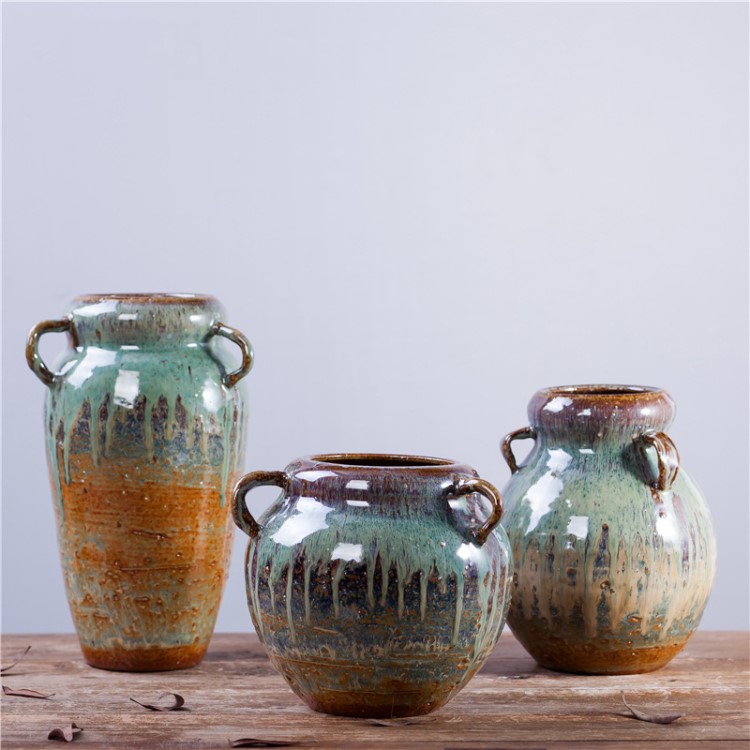 批發(fā)陶瓷花瓶 田園風(fēng)古典陶罐 仿古家居顏色釉工藝品 養(yǎng)鮮花插花