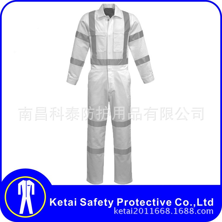 白色連體服船舶工廠工作服3M反光條制作服裝廠家訂做來圖接OEM