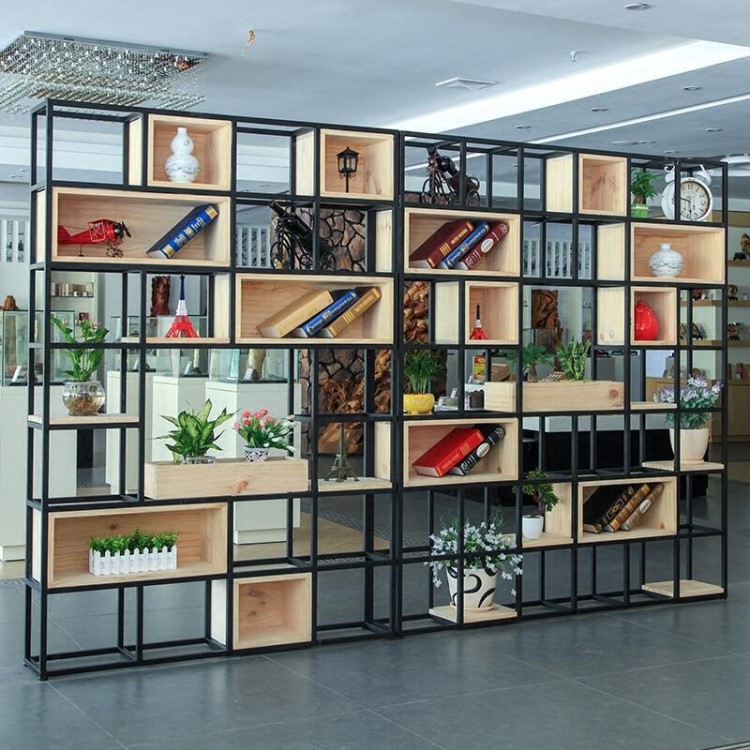 定制辦公室簡約實木書柜書架鐵藝置物架綠植陳列展示架落地置物架