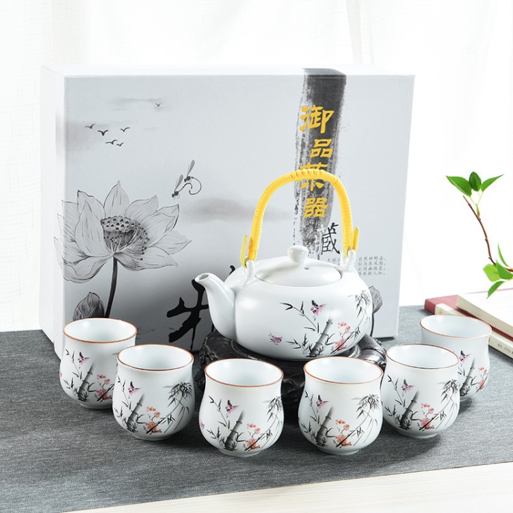 陶瓷高白亞光定窯茶具大壺大杯日式提梁壺手繪茶杯禮品盒套裝