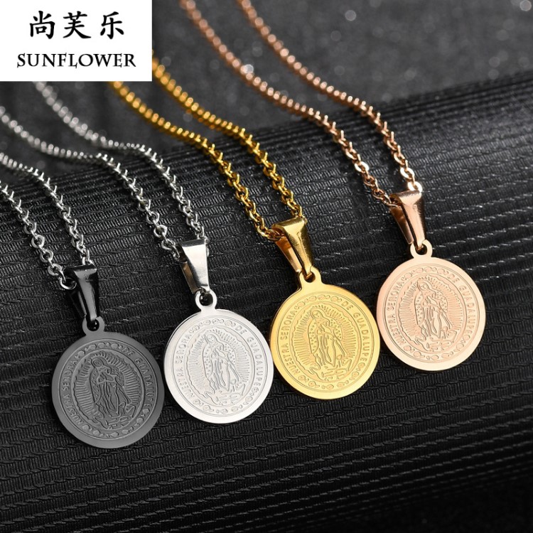 復(fù)古ins冷淡風(fēng) 人像瑪利亞圣母耶穌浮雕錢幣項鏈 潮牌女鎖骨批發(fā)