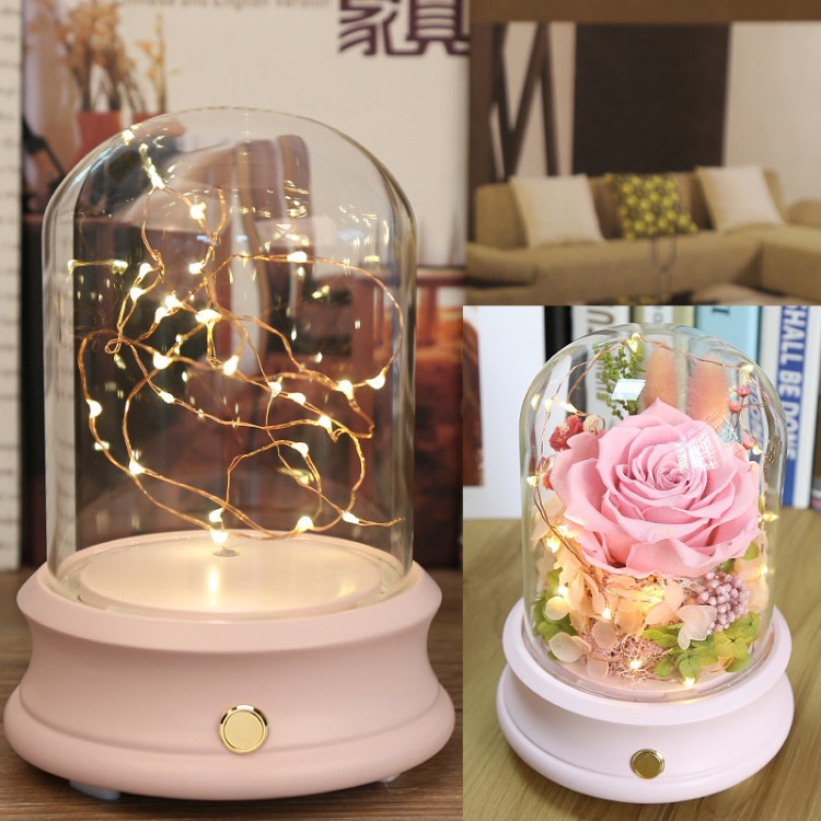 玻璃罩永生花禮盒歐式樹脂工藝品帶燈展示防塵罩創意藍牙音響擺件