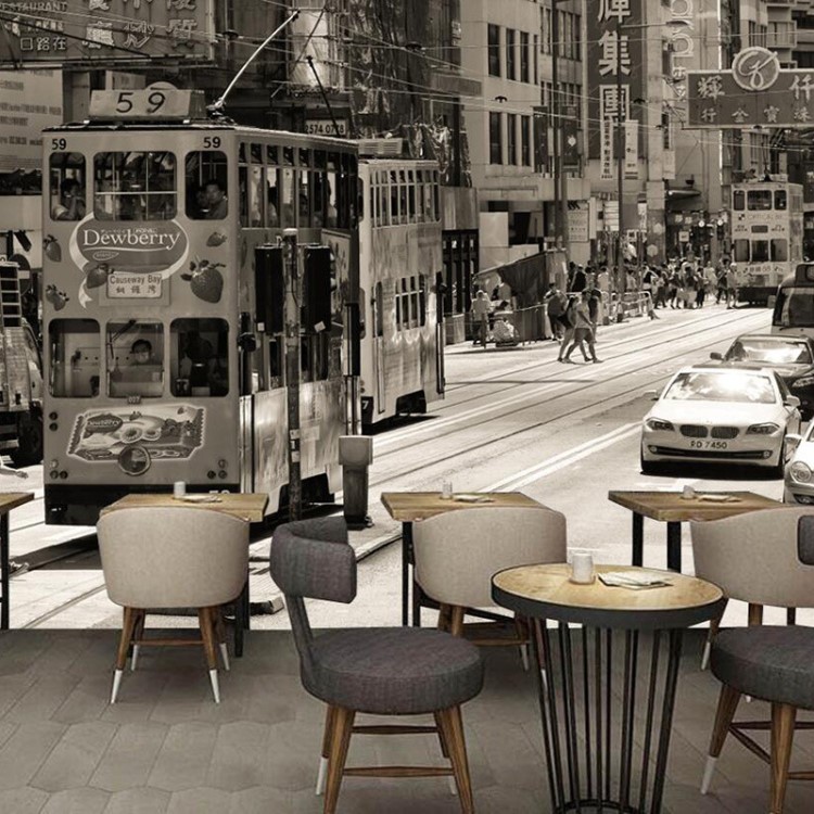 3d復(fù)古懷舊香港建筑街景墻紙 港式奶茶店特色茶餐廳防水無縫壁紙