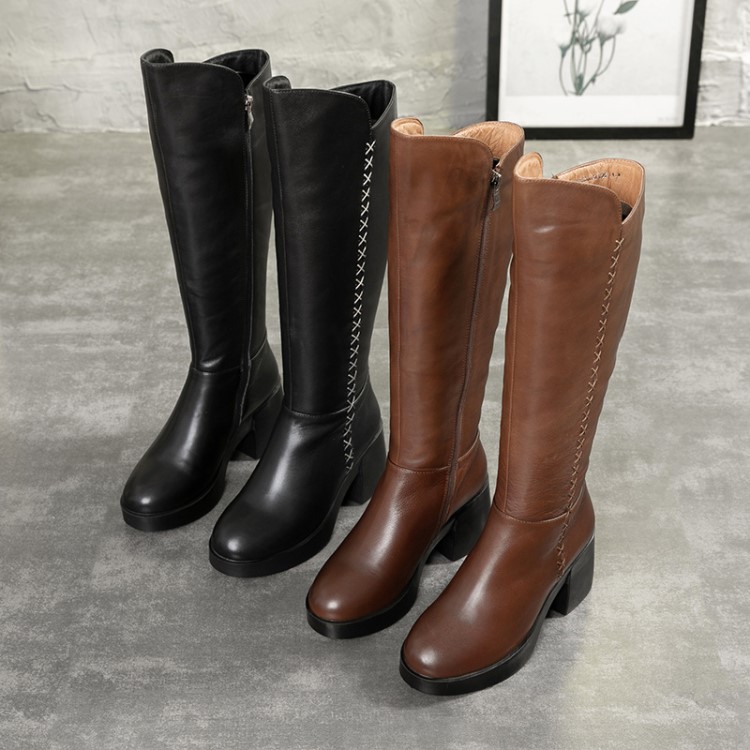 2018秋冬新款加絨高筒加厚保暖女靴 中跟女式皮靴真皮手工鞋子