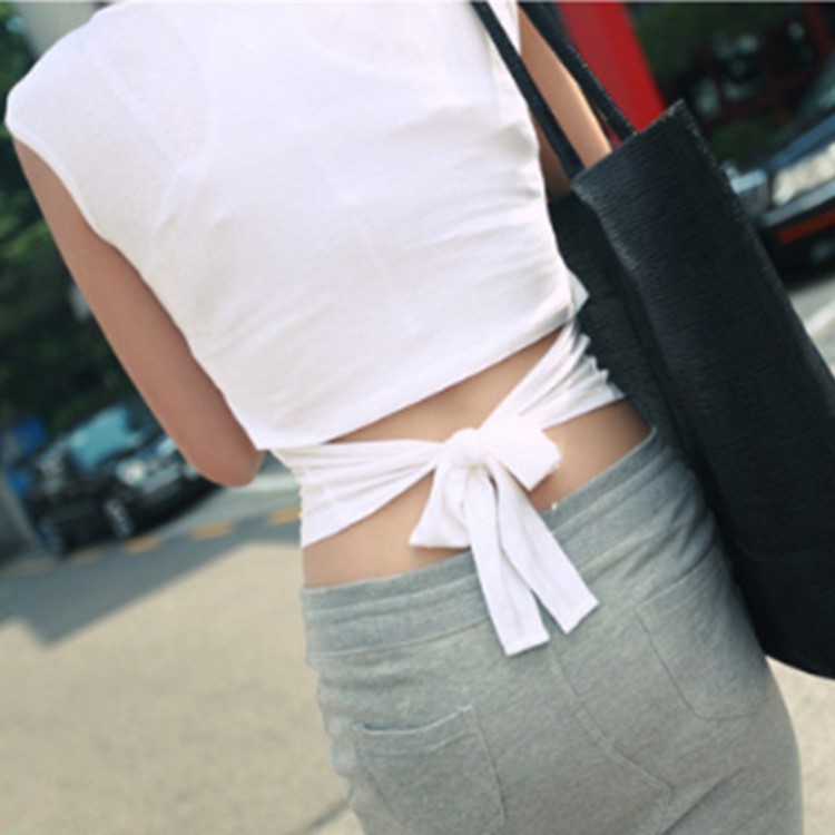 韓國代購女裝2018秋季新款時尚百搭修身性感后面結上衣T恤2012-1