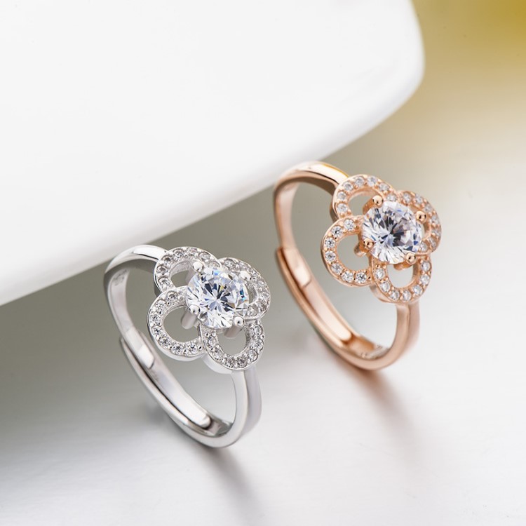 麗銘銀飾 日韓簡約女鑲鉆指環 925銀幸運四葉草戒指開口創意款