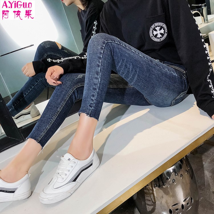 牛仔褲女2019春秋新款韓版顯瘦彈力黑色高腰九分小腳褲女