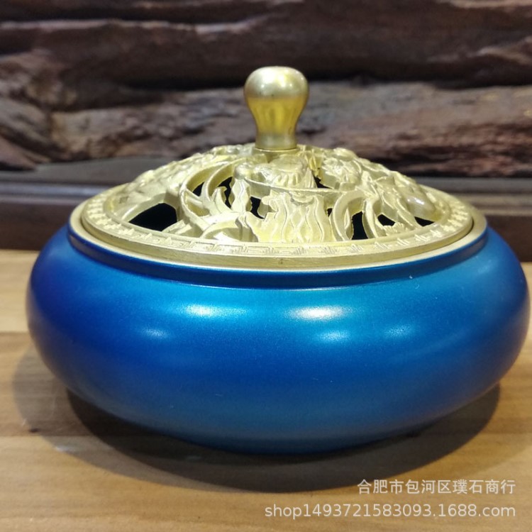 金色鴛鴦蓋燒藍(lán)平底爐 爐口金邊 彩銅香爐批發(fā)