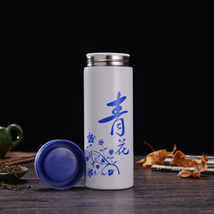 創(chuàng)意禮品中國(guó)風(fēng)青花瓷杯子日用陶瓷保溫杯不銹鋼隨手杯可定制LOGO