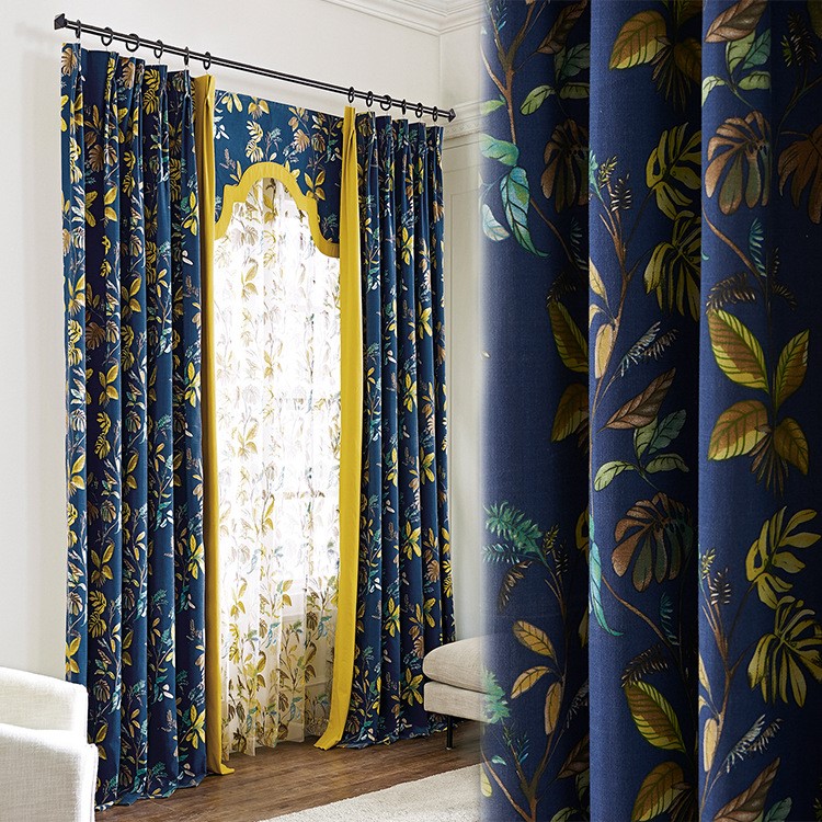 外贸出口欧美 美式树叶棉麻遮光印花布艺窗帘 卧室书房窗帘布现货