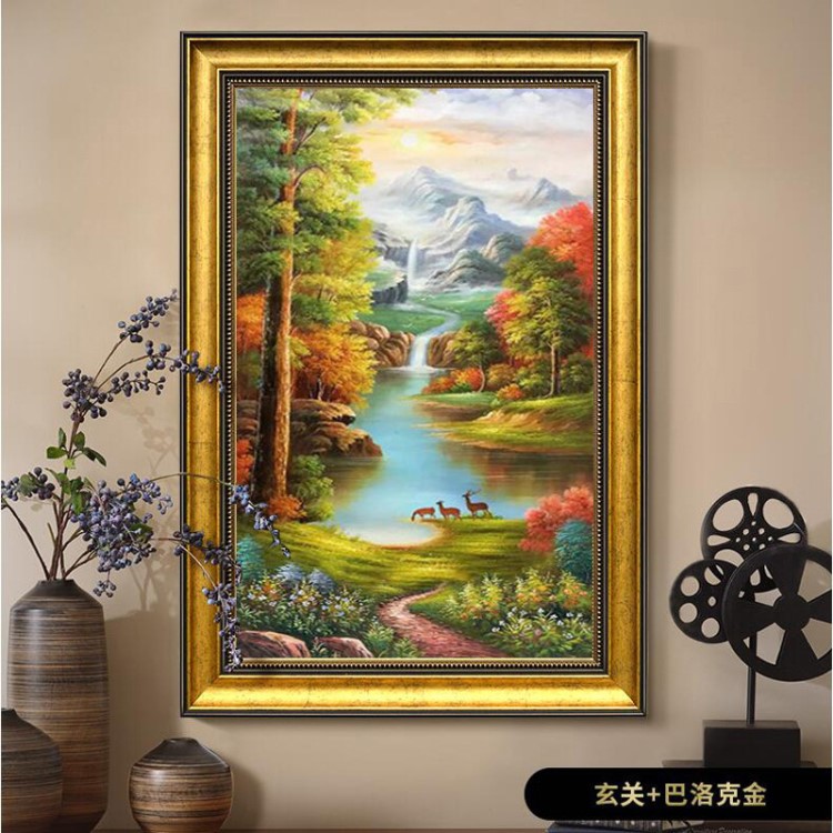 批发零售山水风景油画手绘有框客厅玄关壁画竖版三只小鹿聚宝盆