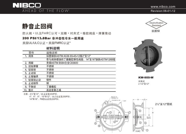 尼必可Nibco 对夹式 静音缓闭 止回阀 -球墨铸铁 抗脱锌 FM UL