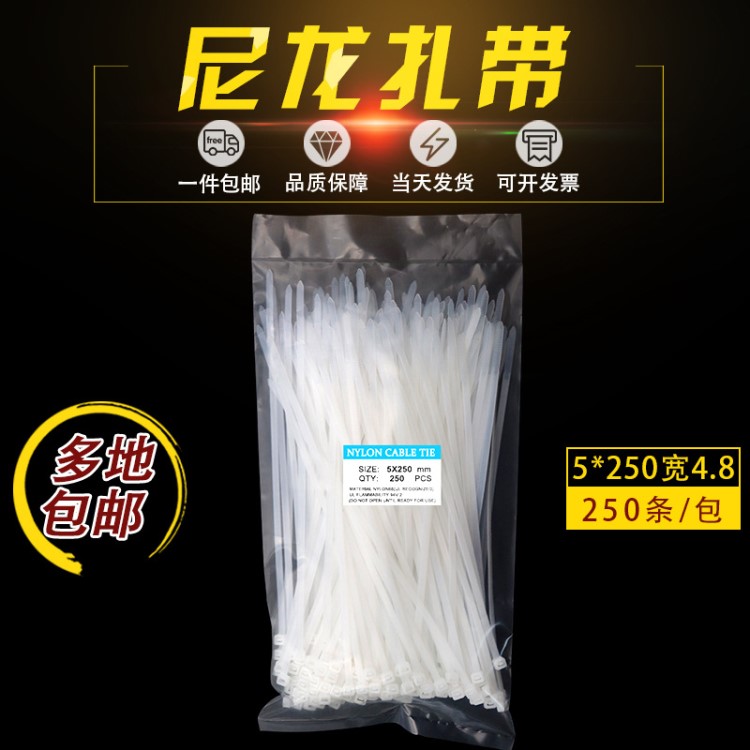 批发环保阻燃5*250自锁式塑料尼龙扎带白黑彩色绑带 宽4.8