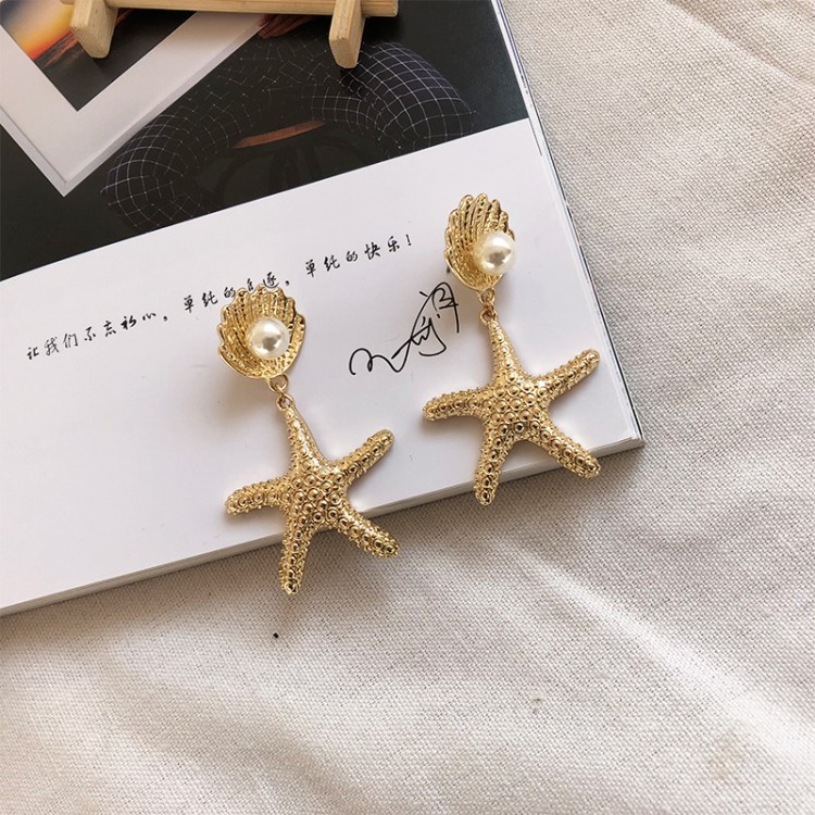 earrings 2019新款海洋風(fēng)度假海星貝殼珍珠耳環(huán)復(fù)古耳釘潮流耳墜