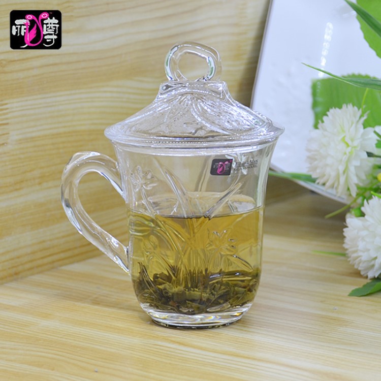 麗尊透明玻璃帶蓋茶杯會議杯圓形刻花辦公茶杯禮品團購透明水杯子