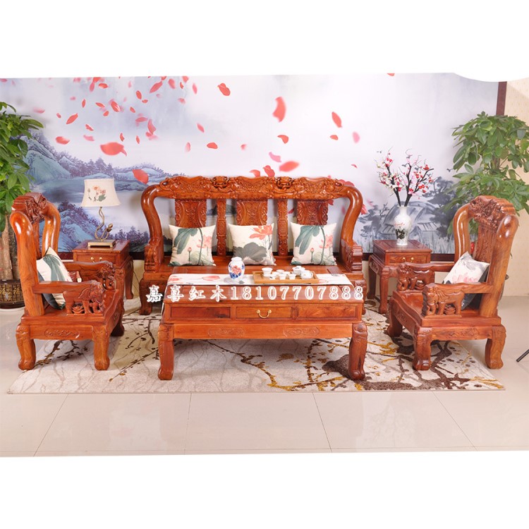 國標(biāo)紅木沙發(fā)家具 緬甸花梨木 大果紫檀 戰(zhàn)國大象頭12公分六件套