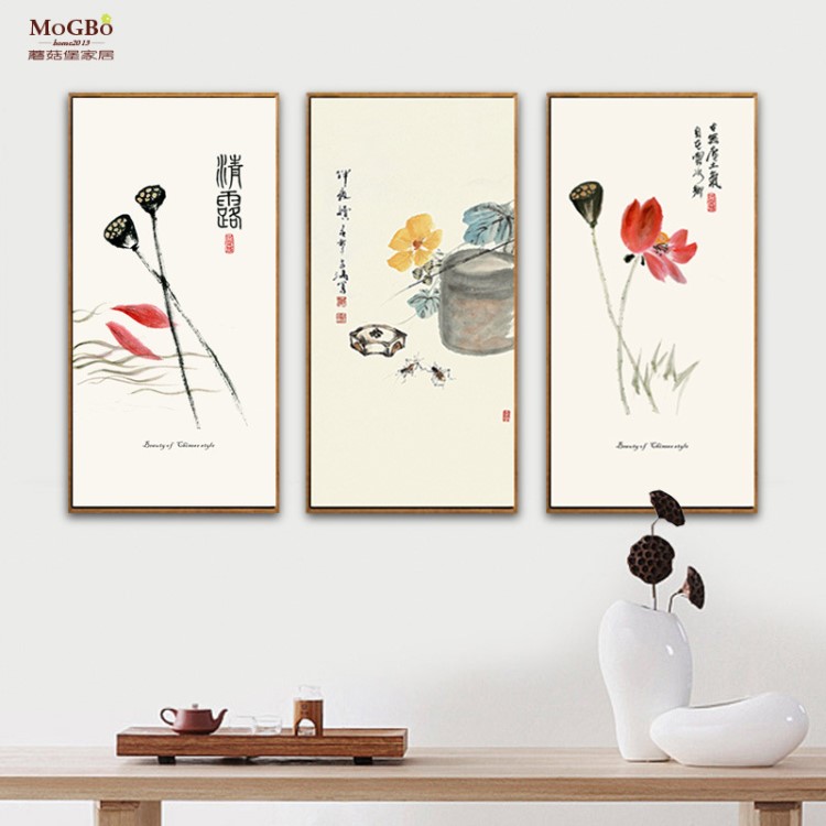 新中式客廳豎款花鳥(niǎo)掛畫(huà)荷花中國(guó)風(fēng)酒店走廊工程裝修樣板間
