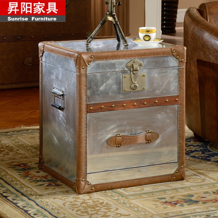 美式鄉(xiāng)村客廳牛皮茶幾沙發(fā)角幾邊幾loft工業(yè)風(fēng)鋁皮儲(chǔ)物柜 DD005