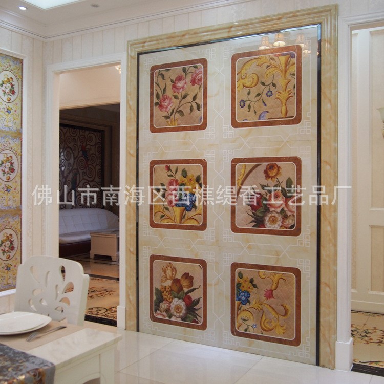 緹香 彩雕背景墻歐式餐廳水刀雕刻寶石鑲嵌瓷磚背景墻定制廠家