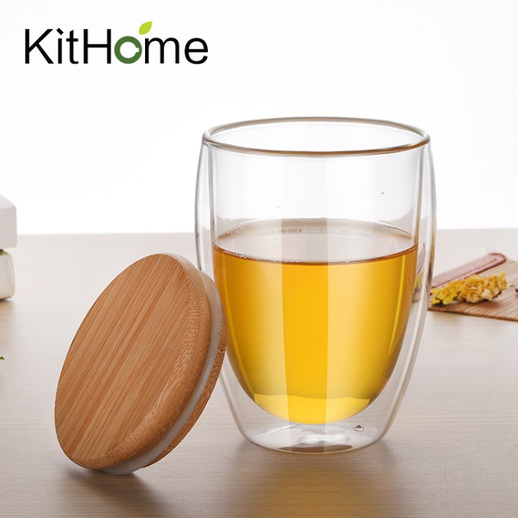 KitHome 帶竹蓋雙層玻璃杯 耐熱水杯批發 禮品定制LOGO廣告杯