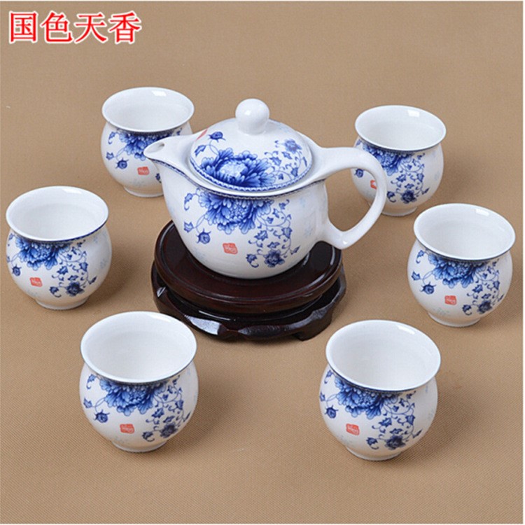 景德鎮(zhèn)陶瓷 雙層茶具 7頭茶具套裝 水點(diǎn)桃花國色天香蝶戀花青花瓷