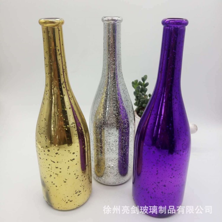 玻璃瓶工藝廠家廠家直銷噴涂彩色酒瓶電鍍紅黃綠藍(lán)花瓶擺件紅酒瓶