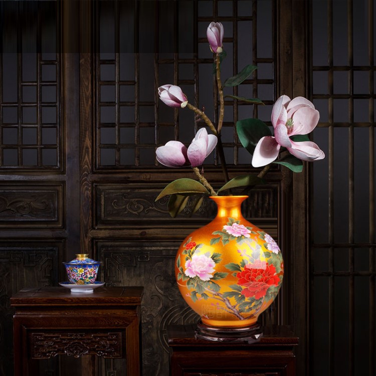 景德鎮(zhèn)陶瓷器大花瓶中國紅水晶牡丹花開富貴新房客廳裝飾品擺件