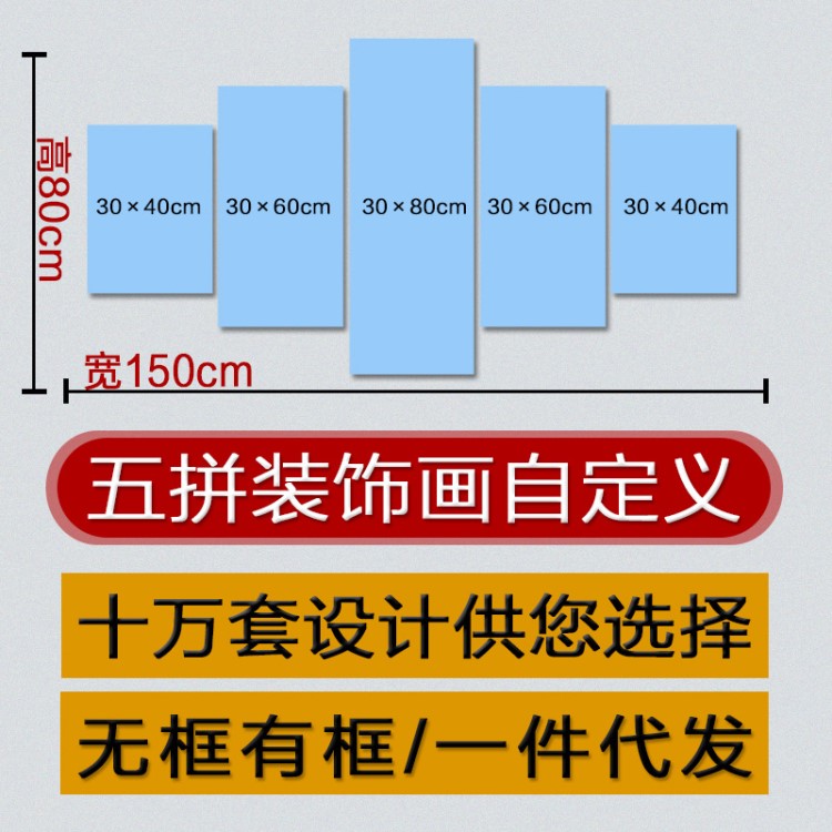 藝品閣家居畫芯噴繪高清裝飾畫自定義五聯(lián)帆布畫框架定制一件代發(fā)