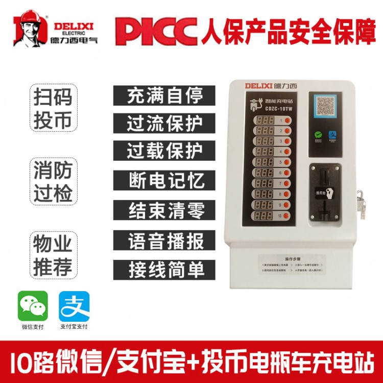 小區(qū)電瓶車充電樁德力西智能投幣掃碼電動車充電站CDZC-10TW