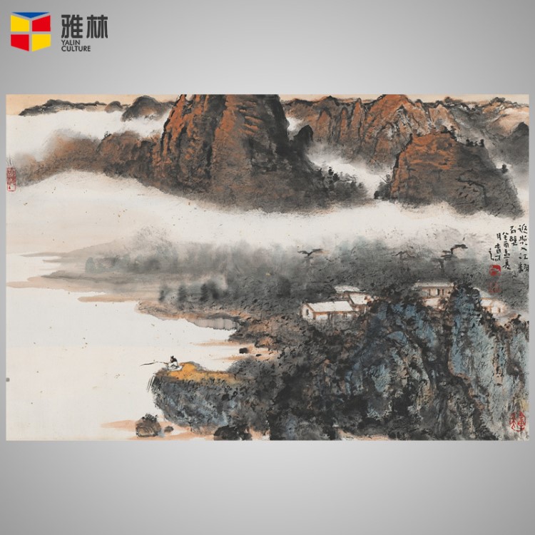 國(guó)畫山水畫 仿名人書畫楊彥-江邊垂釣圖高清藝術(shù)微噴宣紙畫芯批發(fā)