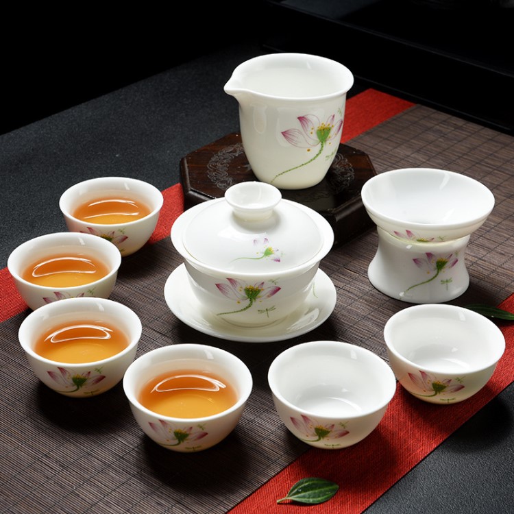廠家直銷高白羊脂玉瓷茶具套裝功夫手繪陶瓷禮品定制三才蓋碗描金