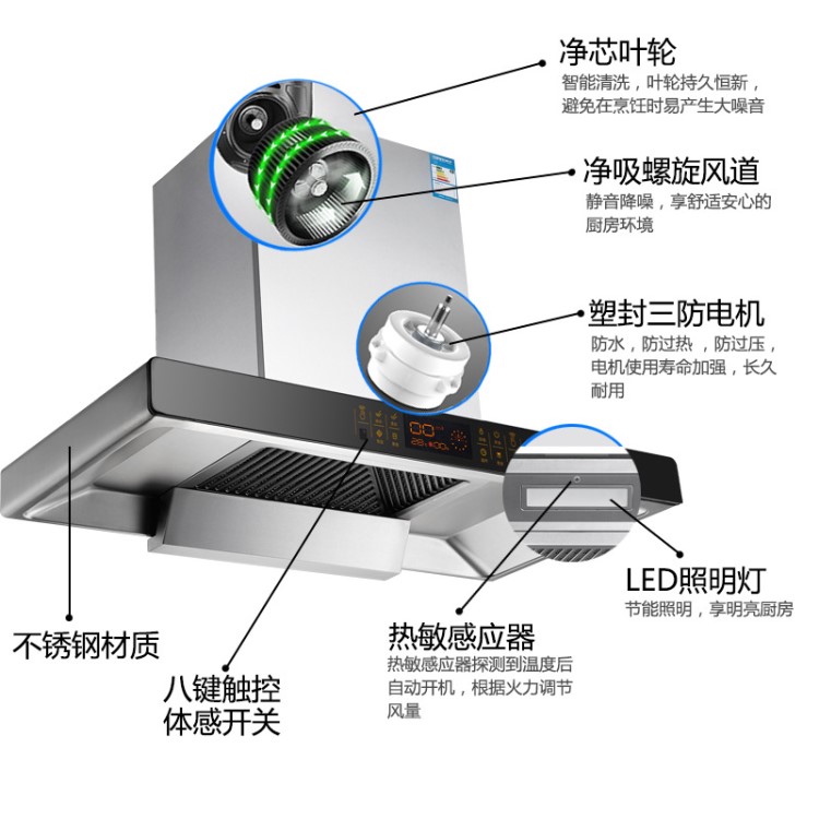 氣電聯(lián)動(dòng)抽油煙機(jī)大吸力頂吸油煙機(jī)T型機(jī)壁掛歐式熱敏體感熱清洗