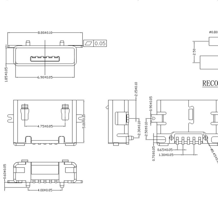 microUSBAB正向方口全貼帶柱板端母座micro直/卷邊正向母座連接器