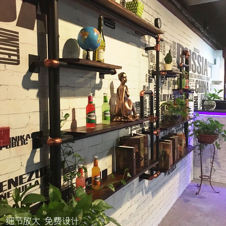 復古工業 水管書架 展示架創意實木擱板置物架 酒吧墻面架可定做