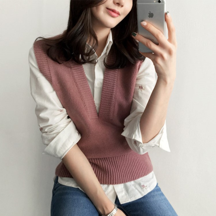 春秋新款羊毛坎肩针织马甲女百搭宽松v领毛衣短款背心外套韩版潮